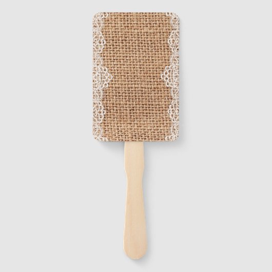 Rustikaler Burlap Sack mit weißer Spitze. Fächer (Rückseite)