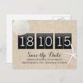 Rustikaler Burlap Sand Dollar & Starfish Save the Ankündigungspostkarte (Vorne/Hinten)