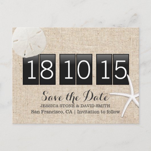 Rustikaler Burlap Sand Dollar & Starfish Save the Ankündigungspostkarte (Vorderseite)