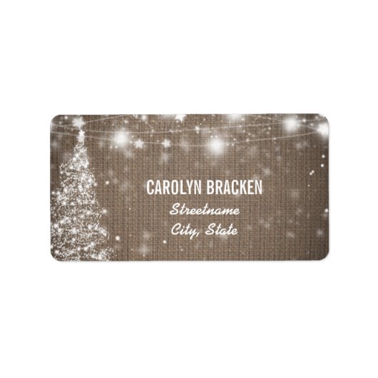 Rustikaler Burlap Schimmering Stars Weihnachtsbaum Adressaufkleber (Vorne)