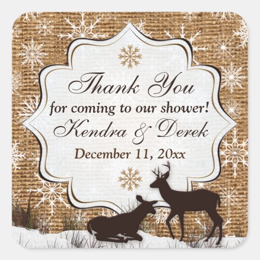 Rustikaler Burlap, Schneeflocken, Polterabend Stic Quadratischer Aufkleber (Vorderseite)