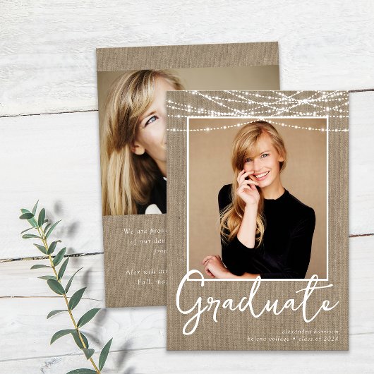 Rustikaler Burlap String Lights Foto Abschluss Ankündigung