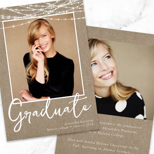 Rustikaler Burlap String Lights Foto Abschluss Ankündigung