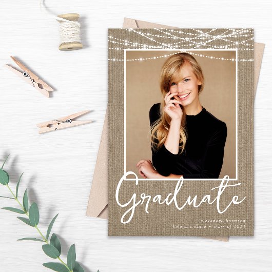 Rustikaler Burlap String Lights Foto Abschluss Ankündigung