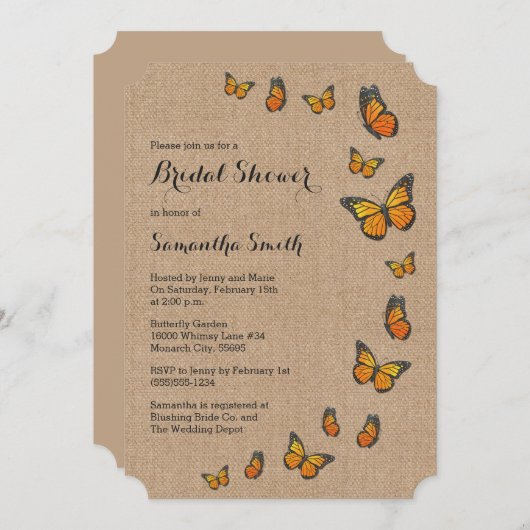 Rustikaler Burlap und Butterfly Einladung (Vorne/Hinten)