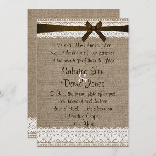 Rustikaler Burlap und Vintage Hochzeitseinladung Einladung (Vorne/Hinten)