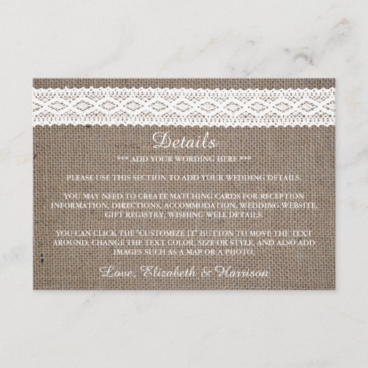 Rustikaler Burlap & Vintage White Lace Hochzeit De Begleitkarte (Vorderseite)