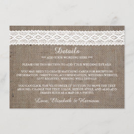 Rustikaler Burlap & Vintage White Lace Hochzeit De Begleitkarte