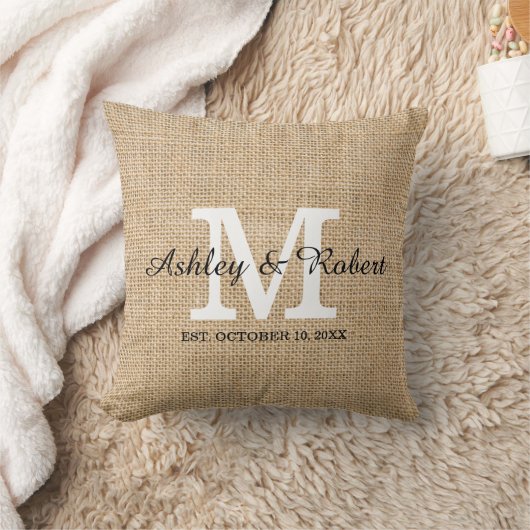 Rustikaler Burlap White Monogram Wedding Keepake Kissen (Decke)