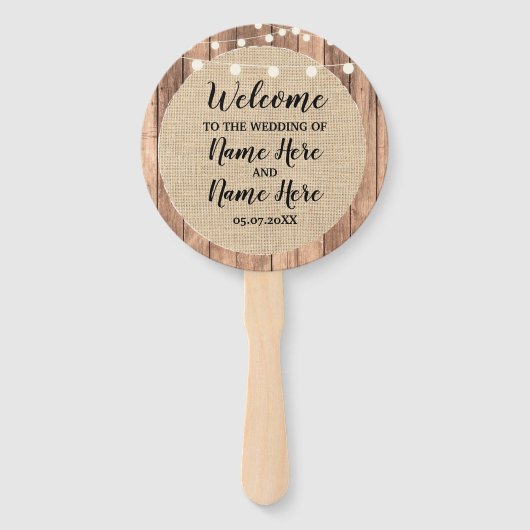 Rustikaler Burlap Wood Lights Hochzeitsprogramm Fa Fächer (Vorderseite)