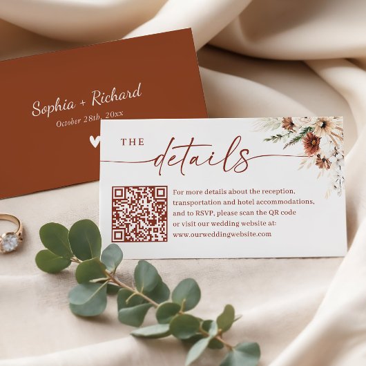 Rustikaler Burnt Orange Wedding Details QR Code Begleitkarte
