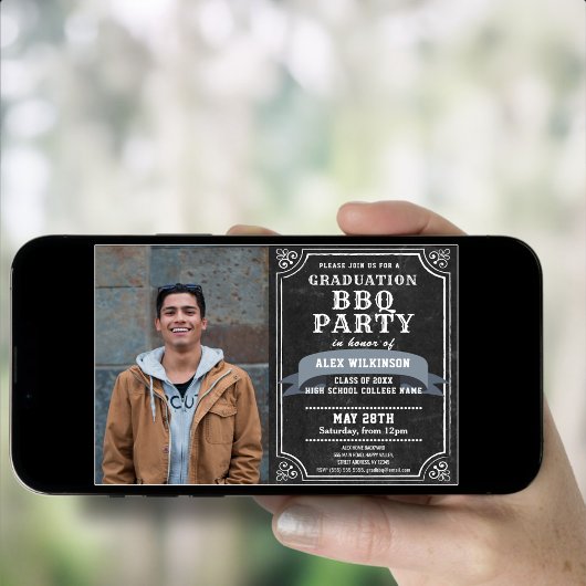 Rustikaler Chalkboard Abschluss GRILLEN Party 4 Fo Einladung