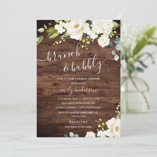 Rustikaler Champagner-Brunch und Bubbly Einladung (Stehend Vorderseite)