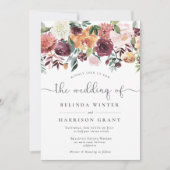 Rustikaler Charm Burgundy Blush Bloral Drop Hochze Einladung (Vorderseite)