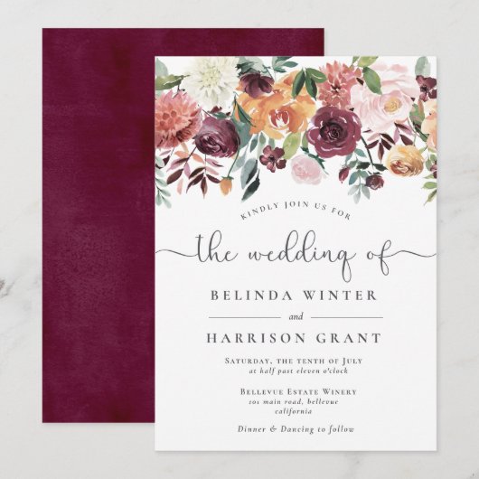 Rustikaler Charm Burgundy Blush Bloral Drop Hochze Einladung (Vorne/Hinten)