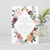 Rustikaler Charm Burgundy Blush Diamond Blumenzang Einladung (Stehend Vorderseite)