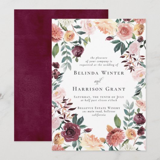Rustikaler Charme Burgund Blush Blumengarten Hochz Einladung (Vorne/Hinten)
