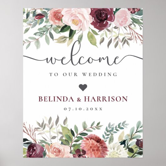 Rustikaler Charme Burgund Blush Pink Blues Hochzei Poster (Vorne)