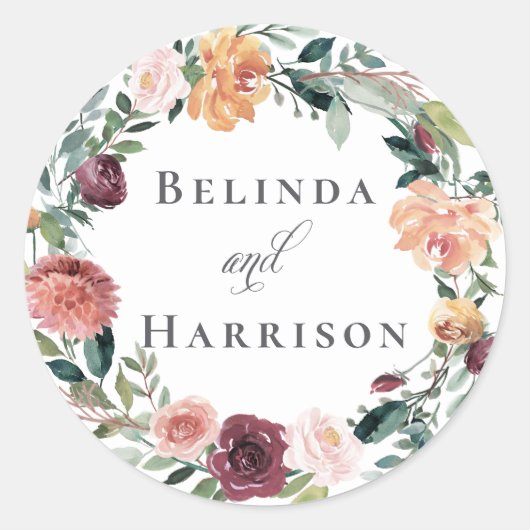 Rustikaler Charme Burgund Blush Pink Blues Hochzei Runder Aufkleber (Vorderseite)
