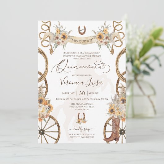Rustikaler Charro Floral Boho Country Quinceanera Einladung (Stehend Vorderseite)