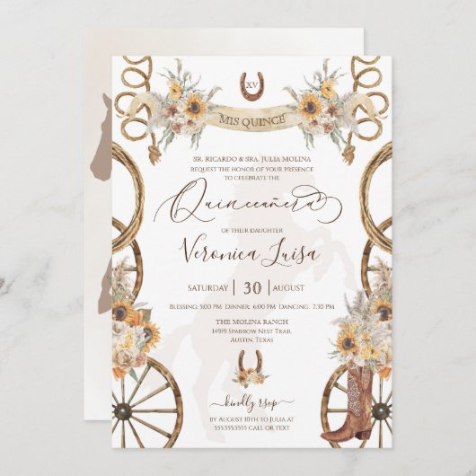 Rustikaler Charro Floral Boho Country Quinceanera Einladung (Vorne/Hinten)