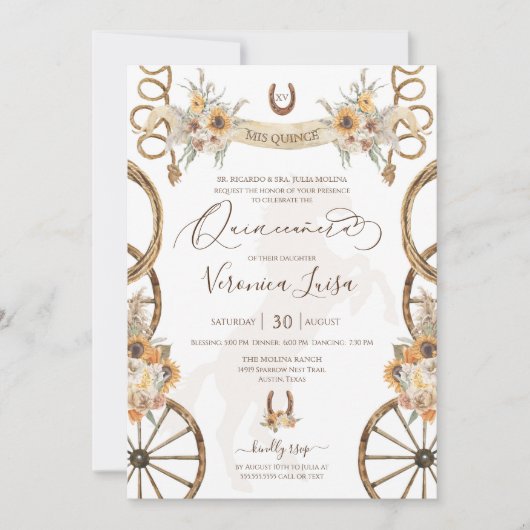 Rustikaler Charro Floral Boho Country Quinceanera Einladung (Vorderseite)