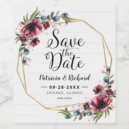 Rustikaler Chic Burgund Blues Hochzeit speichern d Weinetikett (Einzelnes Label)