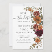 Rustikaler Chic Burgundy Burnt Orange Blumenhochze Save The Date (Vorderseite)