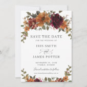 Rustikaler Chic Burgundy Burnt Orange Blumenhochze Save The Date (Vorderseite)