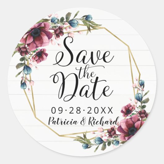 Rustikaler Chic Burgundy Floral Save the Date Clas Runder Aufkleber (Vorderseite)