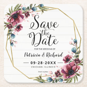 Rustikaler Chic Burgundy Floral Save the Date Rechteckiger Pappuntersetzer