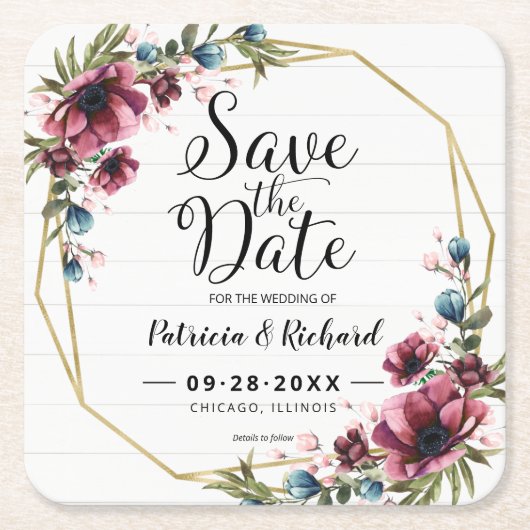 Rustikaler Chic Burgundy Floral Save the Date Rechteckiger Pappuntersetzer (Vorderseite)