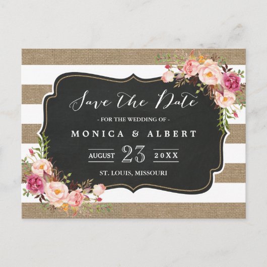 Rustikaler Chic Burlap Stripes Save the Date flora Ankündigungspostkarte (Vorderseite)