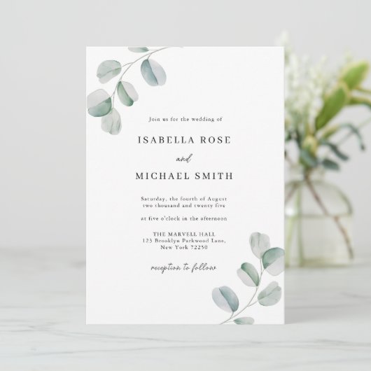 Rustikaler Chic Eukalyptus Wedding Einladung (Stehend Vorderseite)