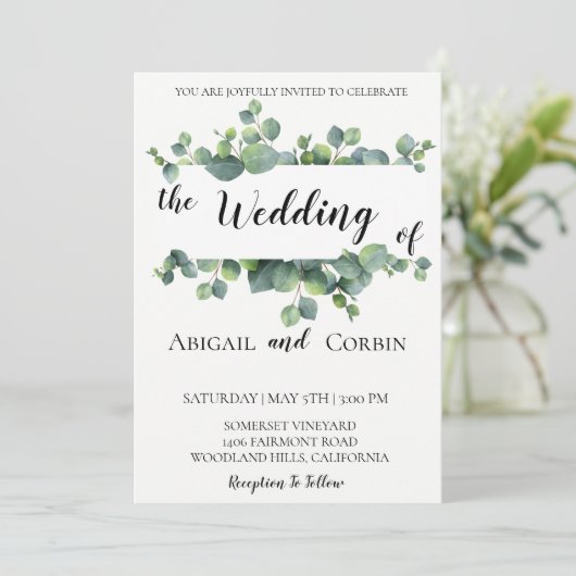 Rustikaler Chic Eukalyptus Wedding Einladung (Stehend Vorderseite)