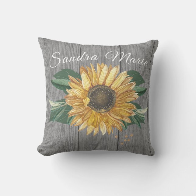 Rustikaler Chic Golden Yellow Sunflower Grau Wood Kissen (Vorderseite)