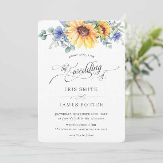Rustikaler Chic Sonnenblume Blühende Hochzeit Einladung (Stehend Vorderseite)