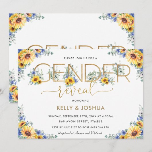 Rustikaler Chic Sonnenblumen Blauer Blütengenderbe Einladung (Vorne/Hinten)