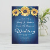 Rustikaler Chic Sonnenblumen Navy Blue Wood Weddin Einladung (Stehend Vorderseite)