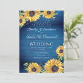 Rustikaler Chic Sonnenblumen Navy Blue Wood Weddin Einladung (Stehend Vorderseite)