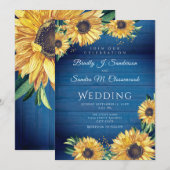Rustikaler Chic Sonnenblumen Navy Blue Wood Weddin Einladung (Vorne/Hinten)