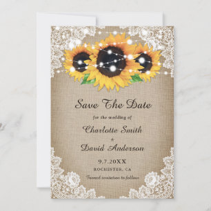 Rustikaler Chic Vintag Burlap und Lace Sunflower Save The Date