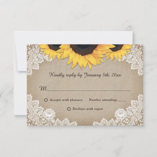 Rustikaler Chic Wood Lace Sunflower Wedding RSVP (Vorderseite)