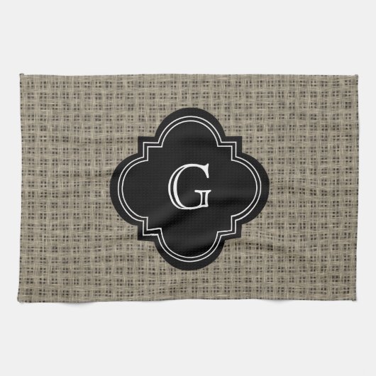 Rustikaler Country Burlap Look, Schwarz Monogram L Geschirrtuch (Horizontal)