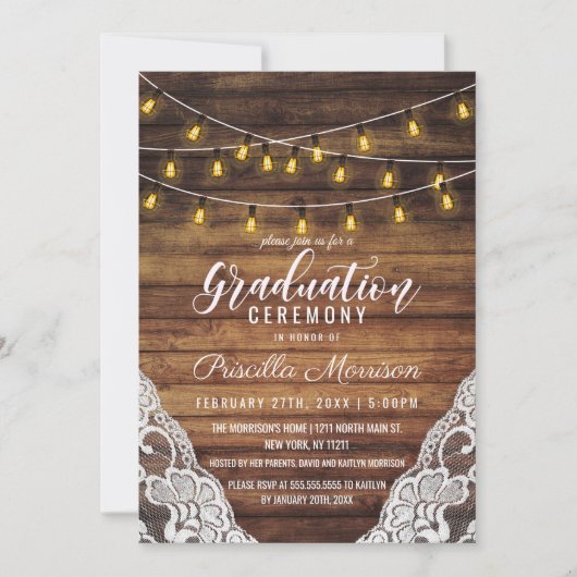 Rustikaler Country String Lights Abschluss Einladung (Vorderseite)
