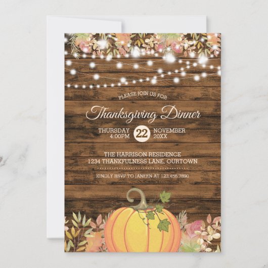 Rustikaler Country String Lights Pumpkin Erntedank Einladung (Vorderseite)