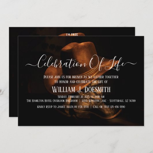 Rustikaler Cowboy Boots Hat Funeral Memorial Servi Einladung (Vorne/Hinten)