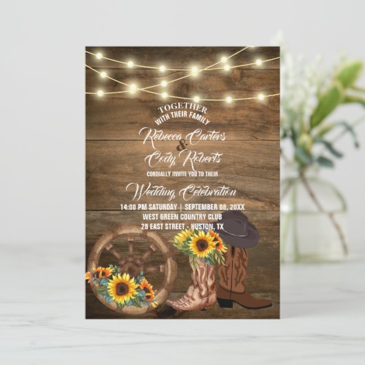 Rustikaler Cowboy Boots Sonnenblumenblume Western Einladung (Stehend Vorderseite)