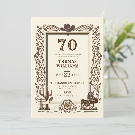 Rustikaler Cowboy Country Western Rahmen 70. Gebur Einladung (Stehend Vorderseite)