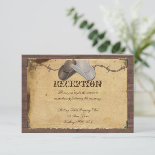 Rustikaler Cowboy HAT Hochzeitsempfang Begleitkarte (Stehend Vorderseite)